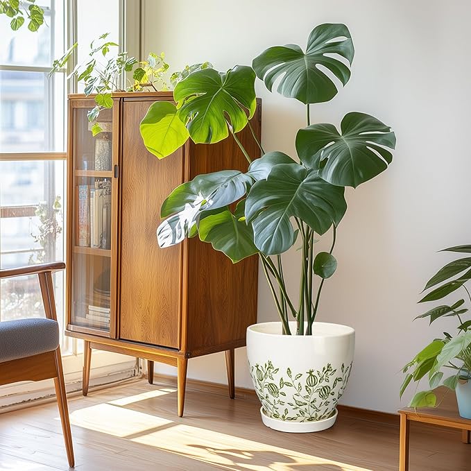 10 Inch Plant Pot - Ceramic Planter with Drainage Hole and Saucer, Boho Round Decorative Flower Pot for Indoor Plants, Housewarming Gifts, Office Garden Home Outdoor Decor, White