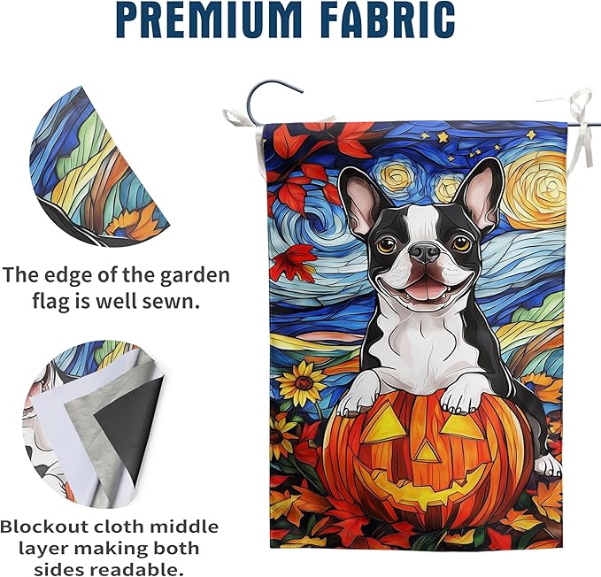 Stained Glass Boston Terrier Fall Garden Flag Halloween Pumpkin Yard Signs Autumn Sunflower Thanksgiving Banner for Outside 12x18 Double Sided Small Dog Outdoor Decorative