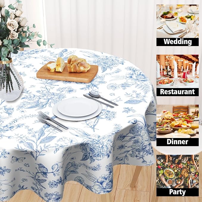 Giwawa Chinoiserie Floral Round Tablecloth 60 Inch,Traditional Blue White Birds Flowers Reusable Washable Polyester Table Cloth Cover for Holiday Picnic Dinner Table Decor