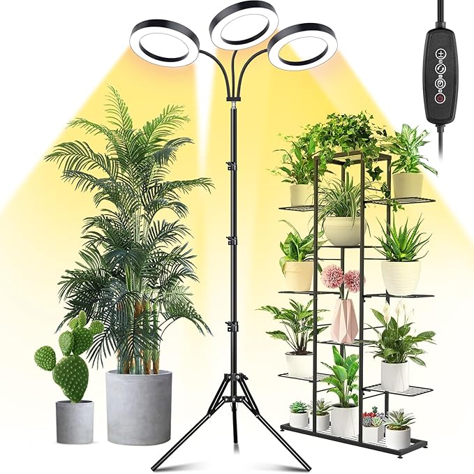 LORDEM Grow Light for Indoor Plants, 7.9" Diameter Tri-Head Plant Light for Plants Growing, Full Spectrum Growth Lamp with Auto Timer 3/6/12H, 4 Dimmable Levels, 3 Lighting Modes, Adjustable Stand