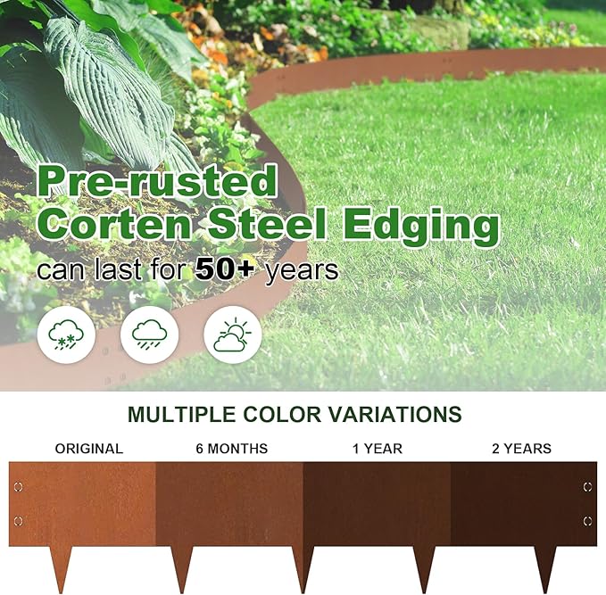 Co-rten Steel Landscape Edging 10" H x 40" L, 6 Pack Heavy Duty Metal Garden Edging, 20Ft Pre-Rustyed Steel Edging, Bendable Metal Edging for Landscaping, Yard, Tree, Flower Bed