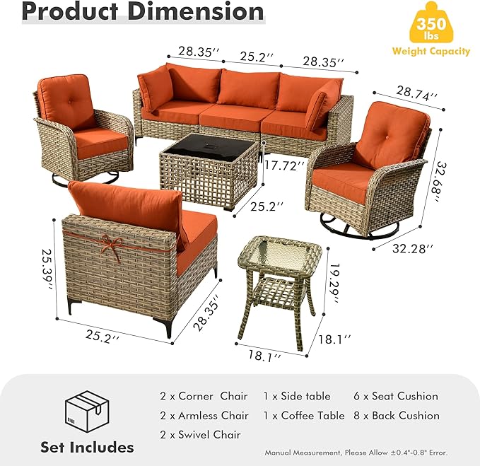 HOOOWOOO Outdoor Patio Furniture Set,8 Pieces Wicker Out Door Sectional Furniture L Shaped Couch,Patio Conversation Sets with Swivel Rocking Chair LED Table,Orange Red
