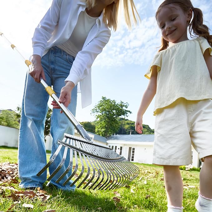 Yocada 19.3" Garden Leaf Rake Wide Heavy Duty Adjustable Long Handle Garden Rake for Yard Garden Lawn Leaves (25 Tines)