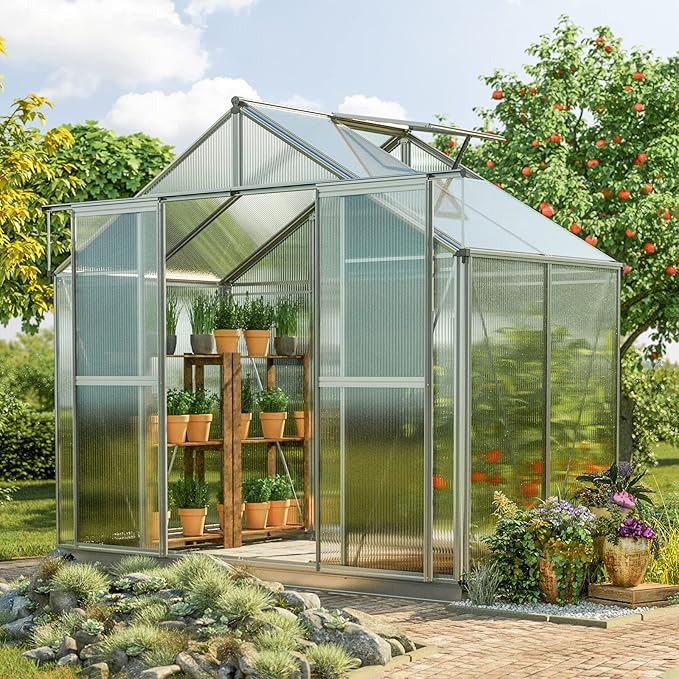 Greenhouse Topas 2 Aluminum Frame 7.4 x 4.4 ft Approx. 8 mm Polycarbonate Panels - with Bonus Base Frame and Automatic Vent Opener