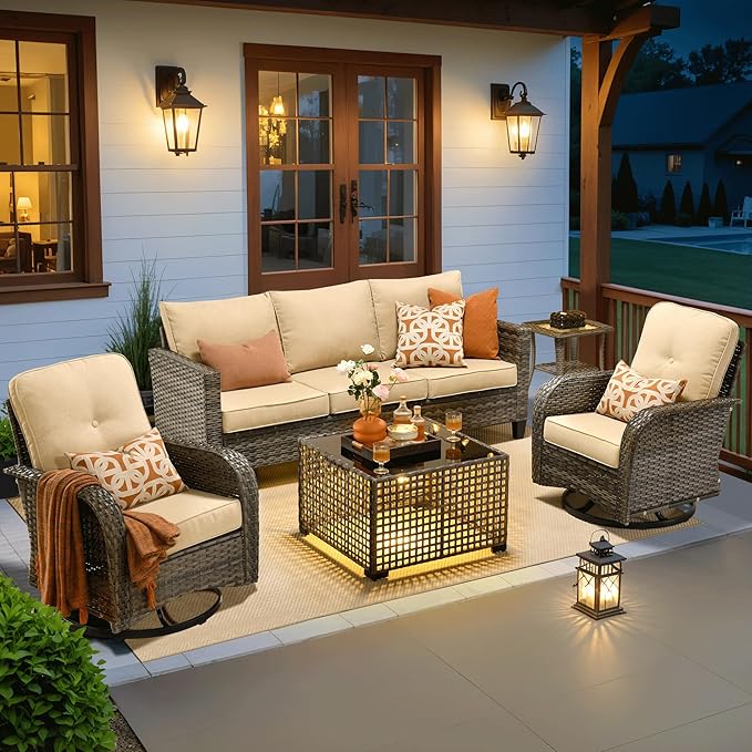ovios 5 Pieces Patio Furniture Set, Outdoor Wicker Sofa Couch with Rocking Swivel Chairs Solar Lights Table, Modern Deep Seat Rattan Conversation Sets for Porch Deck, Beige