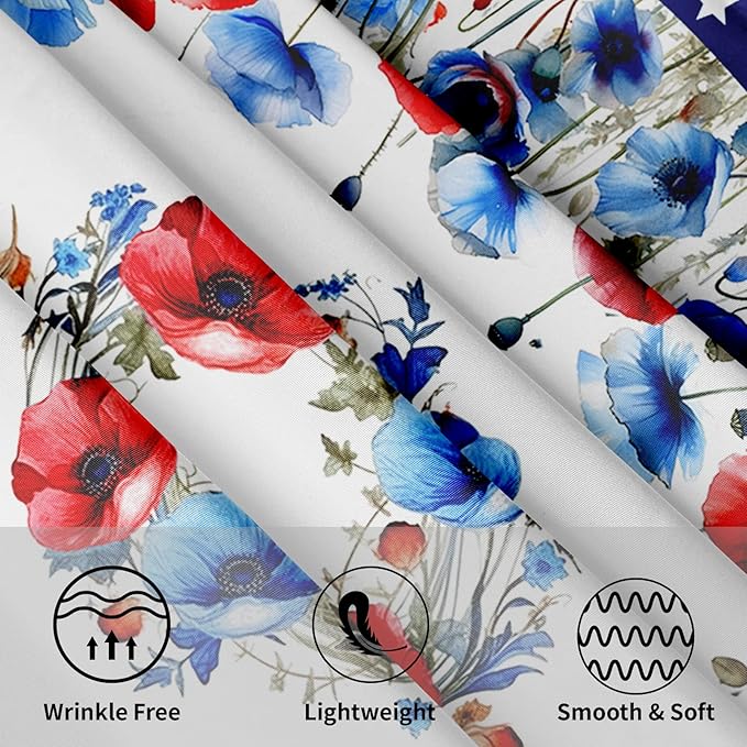 4th of July Round Tablecloth 60 Inch Patriotic Watercolor Poppy Flower Stars Kitchen Table Cloth Independence Memorial Day Heat Resistant Washable Reusable Tables Cover for Party Picnic Dinner Decor