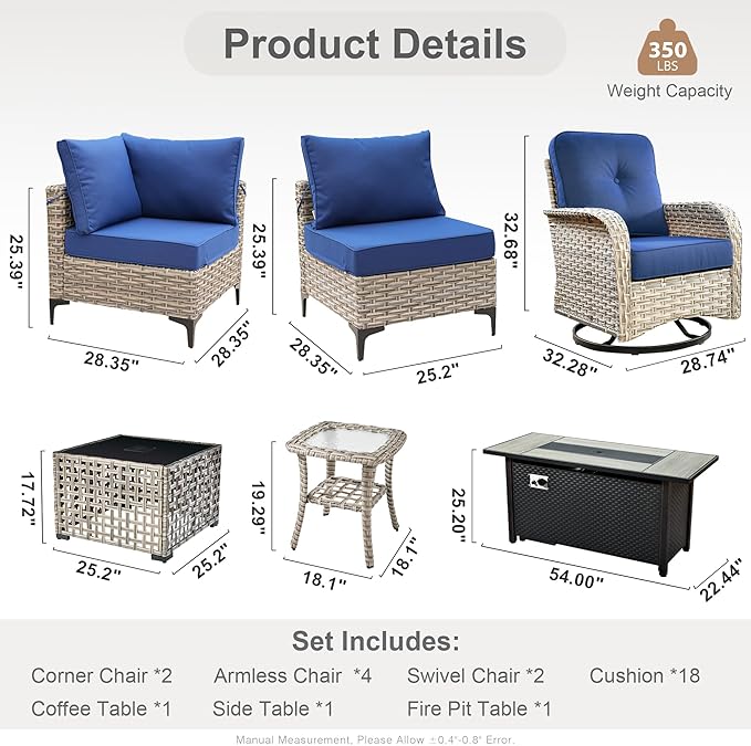 HOOOWOOO Outdoor Patio Furniture Set with Fire Pit Table,11 Pieces Wicker Out Door Sectional Furniture L Shaped Couch,Outside Patio Conversation Sets Swivel Chair,Navy Blue