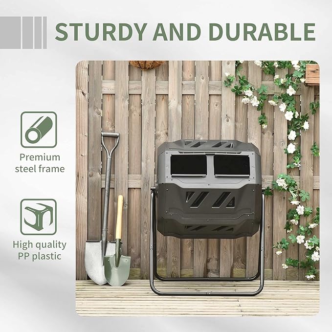 Compost Bin Outdoor, 43 Gallon Dual Chamber Tumbling Composting with Sliding Doors, Large Compost Tumbler, Compost Bin for Garden, Kitchen, and Yard Waste, Black+Green