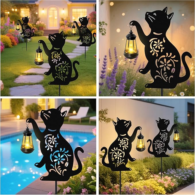 Solar Cat Hanging Lantern Outdoor,Black Cat Solar Lights, Cat Lover Gifts for Women Mom Grandma Birthday,Christmas,Mother's Day,Waterproof Garden Ornaments Decor Outside Backyard,Patio,Pathway,2 Pack
