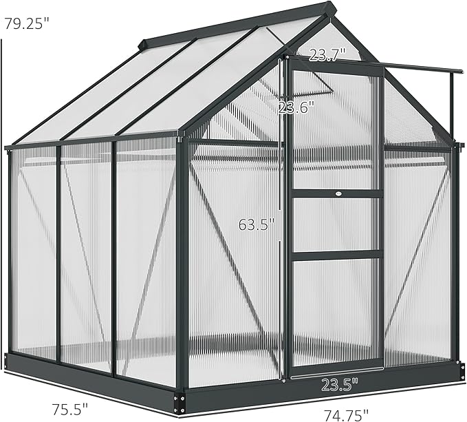 Outsunny 6' x 6' Greenhouse for Outdoors, Polycarbonate Greenhouse with Rain Gutter and Roof Vent, Aluminum Walk-in Green Houses for Outside for Patio Backyard Garden, Gray