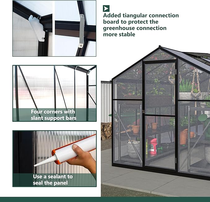 6x10 FT Greenhouses for Outdoors,Heavy Duty Polycarbonate Greenhouse,Lockable Walk-in Green House Sunroom w/ Roof Vent,Aluminum Hot House for Garden Plants Backyard Patio,Black