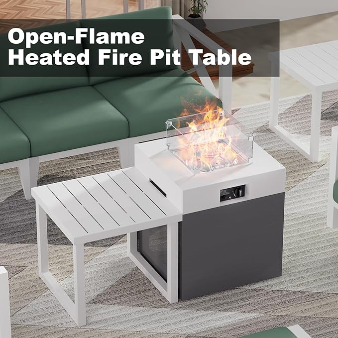 MBY 22" Aluminum Fire Pit Table, 37,000 BTU Gas Firepit for Outdoor Patio Deck and Garden, CSA Certified Fire Pit with Lid, Waterproof Cover, Glass Wind Guard and Glass Stone, White