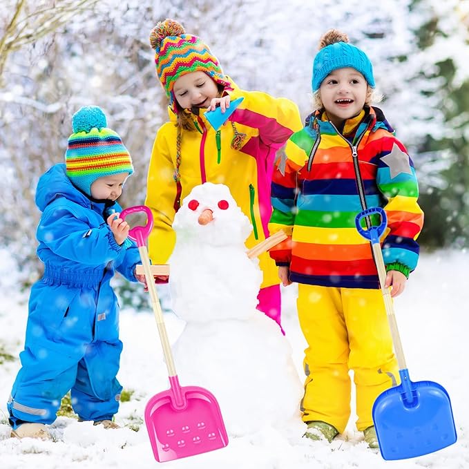 2PCS Kids Snow Shovel, 32" H Detachable Wooden Childs Snow Shovel with Plastic D-Grip Handle and Scoop Winter Children Shovel Blue Pink Toddler Shovel Outdoor Play Snow Gift for Boy Girl Snow Removal