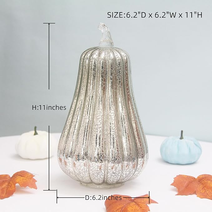 Mercury Glass Pumpkin Lights with Timer, Battery Operated Led Pumpkin Lights for Halloween Fall,Thanksgiving Rustic Decor (Silver Common, 11")