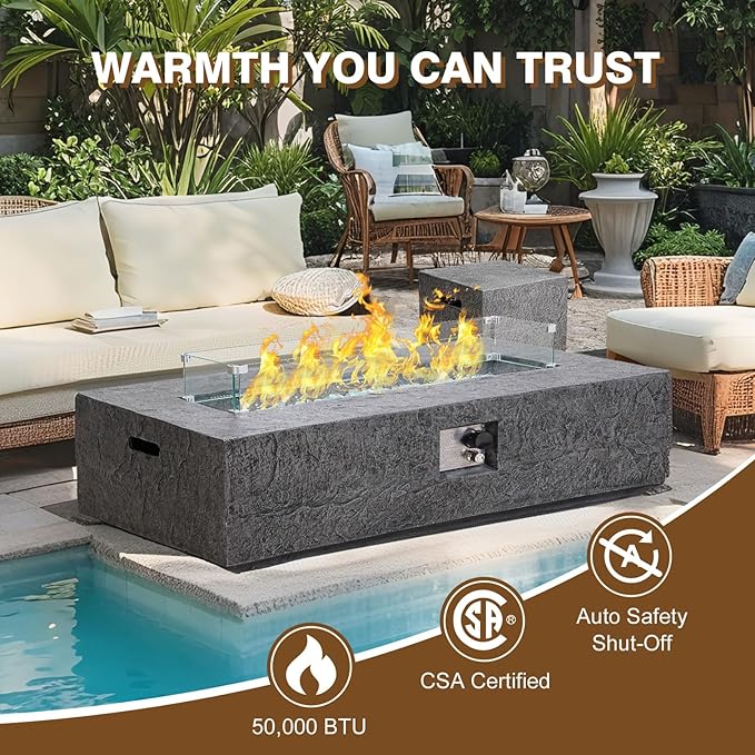 3-Piece Outdoor Propane Fire Pit Table Set – Premium Slate-Like MgO Finish, 48-Inch Gas Fire Table with Tank Table & Glass Wind Guard for Patio, Garden & Backyard, Includes Rain Cover & Glass Beads