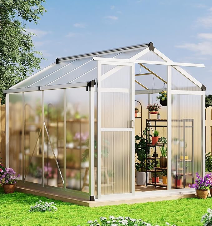 Garvee 6x8 FT Greenhouse - Aluminum Greenhouses for Outdoors, Large Polycarbonate Greenhouse with Roof Vent, Heavy Duty Walk-in Green Houses for Outside Garden, Backyard, Patio, Lawn, Easy Assembly