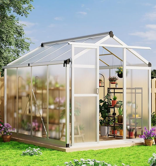 Garvee 6x8 FT Greenhouse - Aluminum Greenhouses for Outdoors, Large Polycarbonate Greenhouse with Roof Vent, Heavy Duty Walk-in Green Houses for Outside Garden, Backyard, Patio, Lawn, Easy Assembly