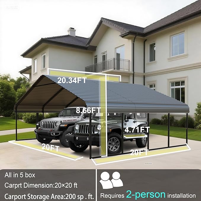 RV Metal 20x20FT Carport Canopy Heavy Duty Black Carports Kits for Garage,Aluminum Car Ports with Steel Shelter Frame Cover for 2 Car or Boats