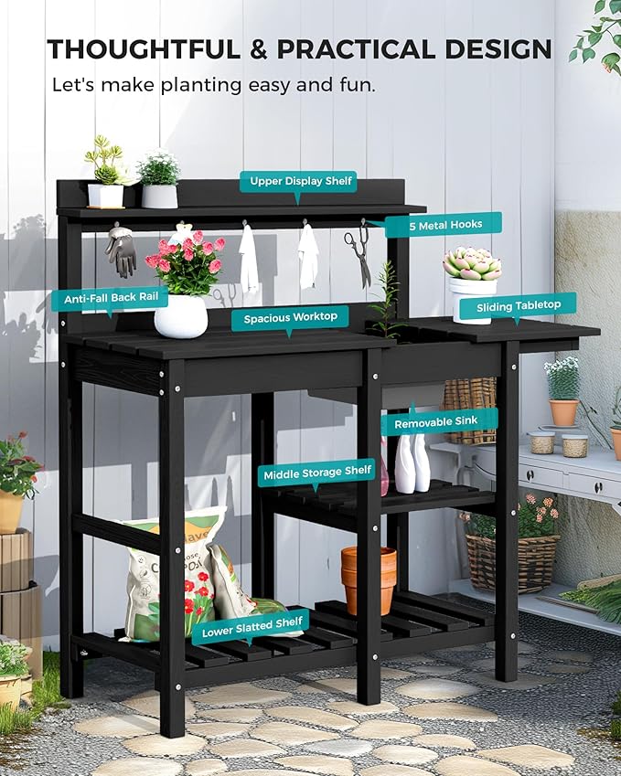 SERWALL Potting Bench Outdoor Potting Table with Sink, HDPE Potting Benches for Outside Gardening Table All Weather Use- Black