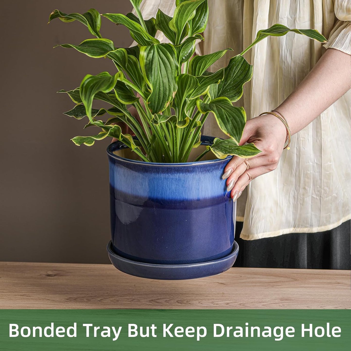 8 Inch Plant Pot: Ceramic Planter with Drainage Hole & Saucer for Indoor Outdoor Plants - Flowerpot with Bonded Tray for Home Office - Blue Reactive Glaze