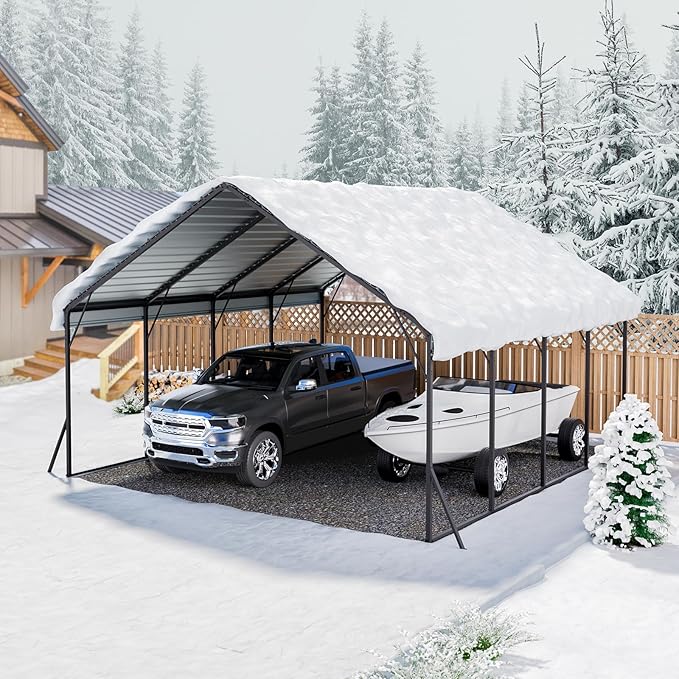 VEVOR Heavy Duty Metal Carport, 20 x 20 ft Outdoor Carport with Sturdy Frame & Roof, Car Garage Shade with Removable Sidewalls, Multi-Use Car Shelter for Pickup, Boat, Trucks & Tractors