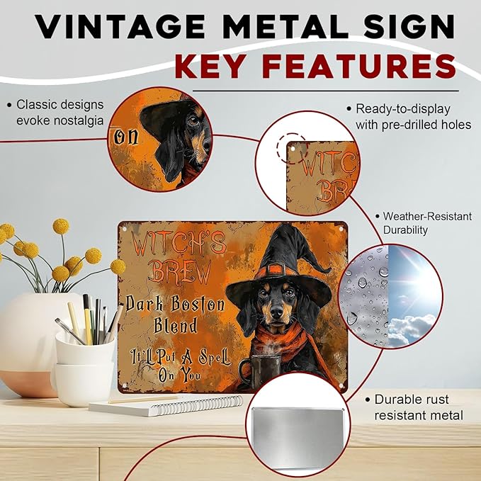 Funny Dog Halloween Metal Tin Sign Dachshund Witch Coffee Rustic Wall Art Vintage Tin Plaque Retro Metal Poster Iron Painting Home Decor 12x16inch