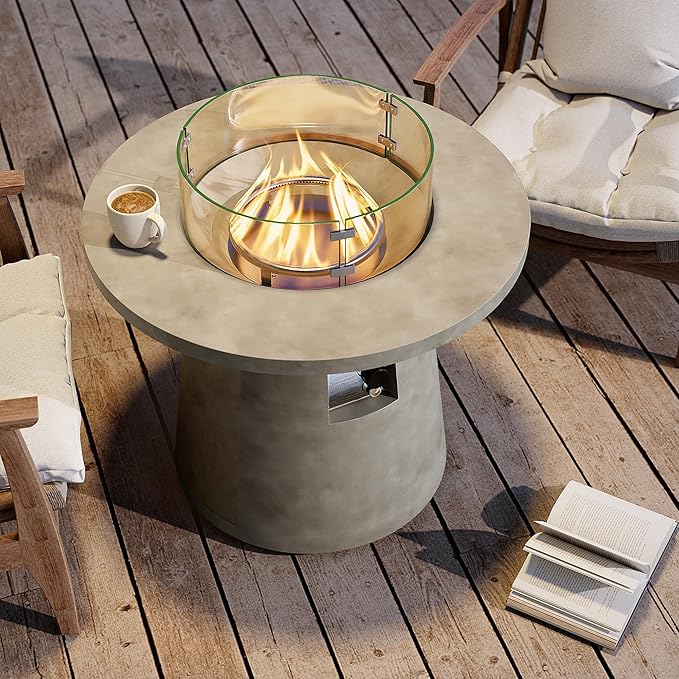 HOMPUS Outdoor Fire Pit Gray Propane Fire Table 31-inch Round Concrete Propane Fire Pit with Lava Rocks and Rain Cover 40,000 BTU Gas Smokeless Fire Pit for Outside Patio,Garden,Deck,Backyard