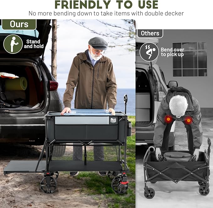 TIMBER RIDGE 400L Large Capacity Folding Double Decker Wagon with Brakes, 54" Extra Long Extender Wagon Cart, 450lbs Heavy Duty Collapsible Cart, All-Terrain Big Wheels for Camping, Sports, Shopping