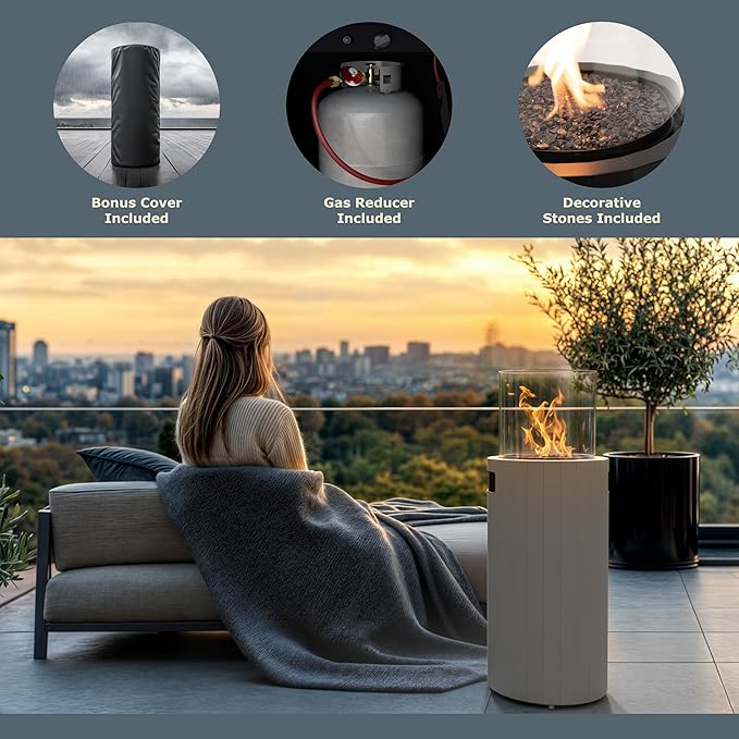 Planika BINO Outdoor Gas Fireplace - Black Fire Column with Glass Shield for Patio or Gardens (Outdoor Cover Incl)