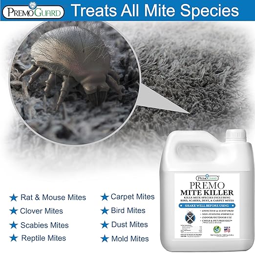 Premo Guard Mite Treatment Spray – 128 oz – Kills Dust, Human, Scabies, Spider, Carpet, Bird, Mouse & Rat Mites in Home, on Furniture, Bedding – Natural Non-Toxic 100% Effective – Child & Pet Safe