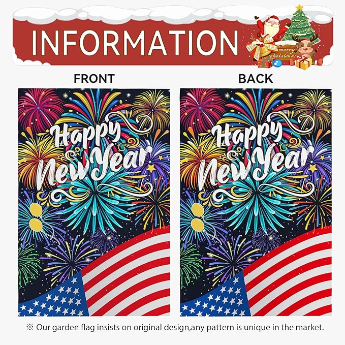 Happy New Year Garden Flag New Year Eve Yard Flags Double Sided American Flag Fireworks House Banner Balloon Holiday Celebration Party Garden Flags for Winter Festival Greetting 12x18 Inch