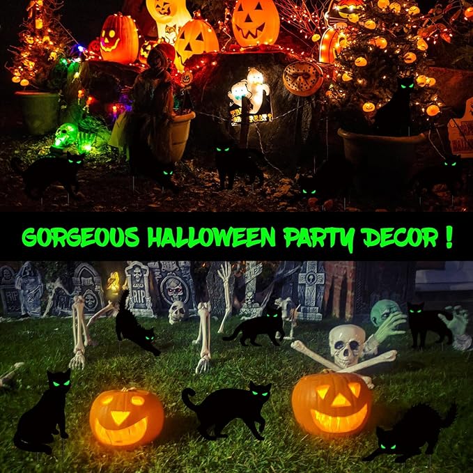 6 PCS Halloween Black Cat Yard Signs with Glow in Dark Eyes, Scary Silhouette Lawn Sign with Stakes, Halloween Decorations for Outdoor Yard Lawn Garden