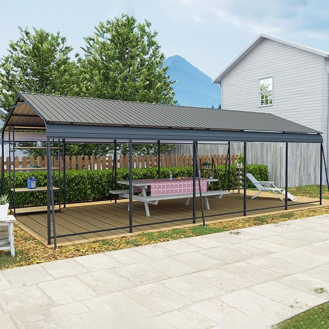13×26.5 FT Metal Carport, Heavy Duty Carport Canopy with Galvanized Steel Roof and Frame, and 6 Fixed Inclined Square Tube Supports for Driveway Car, Truck
