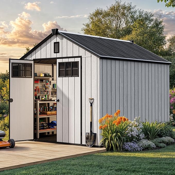YITAHOME 8x10 FT Outdoor Storage Shed with Floor, Plastic Garden Shed for Bikes, Tools, and Pool Supplies, Outdoor Resin Shed with Lockable Doors, Windows, and Vents for Patio, Lawn, Backyard, Gray