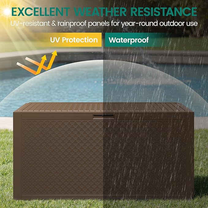 90 Gallon Outdoor Deck Box, Waterproof Outdoor Storage Box, Durable Resin Bin for Patio Cushions, Garden Tools and Pool Accessories, Lockable with UV Protection, Brown, Patio Furniture