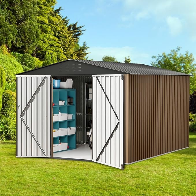 10x10 FT Outdoor Storage Shed,Large Metal Tool Sheds with Updated Frame Structure,Lockable Doors and Air Vents,Outside Garden Storage Shed for Outdoor,Garden Shed for Backyard Garden Patio Lawn