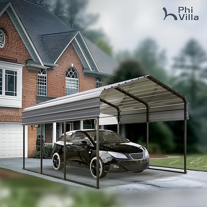 PHI VILLA 10 x 15 ft Heavy Duty Carport with Galvanized Steel Roof Multi-Use Shelter, Sturdy Metal Carport for Cars, Boats, and Tractors