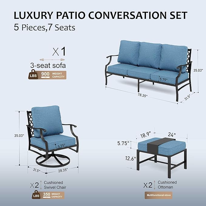 HERA'S HOUSE 5 Piece Patio Furniture Set, 2 x Swivel Chair, 2 x Ottoman, 1 x 3-Seat Sofa, All Cushioned 7 Seats Metal Outdoor Conversation Set for Lawn Garden Backyard