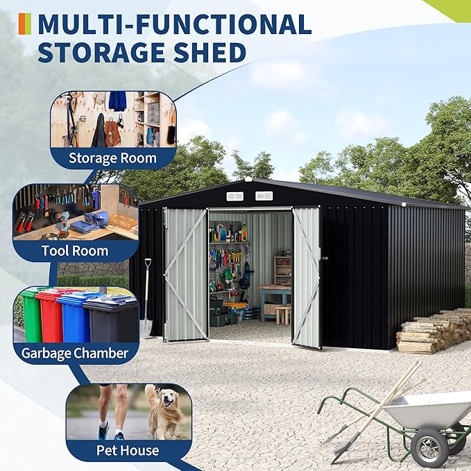 8x10 FT Metal Storage Sheds Outdoor with Floor, Metal ToolShed with Lockable Door, Metals Yard Sheds Metals Garden Shed Kit, MetalUtility Sheds Buildings with Air Vent for Backyard Garden Patio Lawn