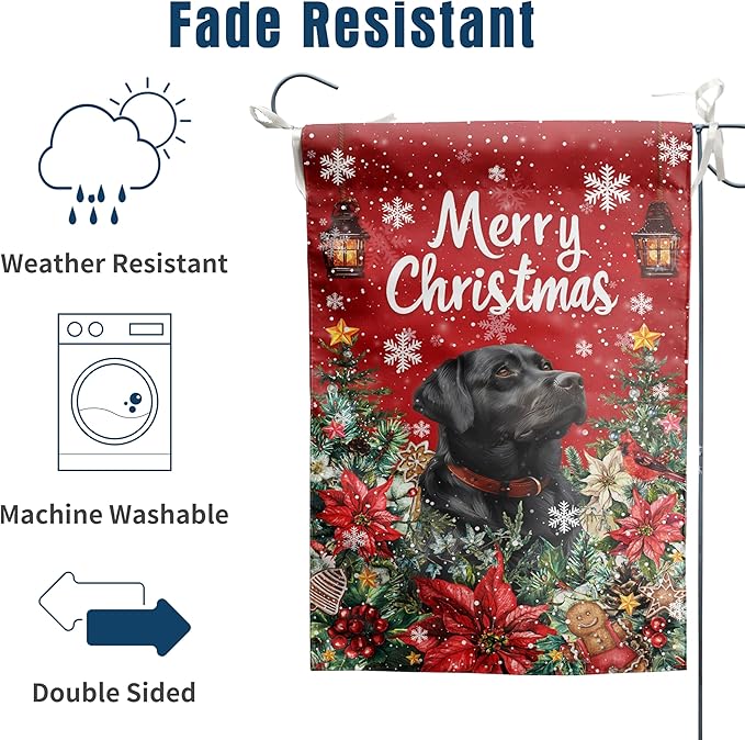 Christmas Black Lab Garden Flag Merry Christmas Labrador Dog Yard Flag for Outside Xmas Flags 12x18 Double Sided Red Poinsettia Garden Flags Winter Porch Outdoor Decor
