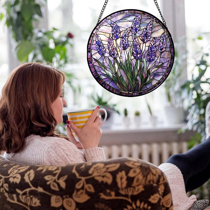 Stained Glass Window Hanging - Purple Flowers Suncatcher for Door Terrace Garden Home Decor Lavender Plant Floral Sun Catcher Birthday Gifts for Lovers Women Men Dad Mom Nana 11.8 in