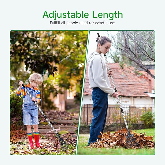 GreatBuddy Adjustable Leaf Rake, 8'' Wide Metal Rake, Perfect for Shrub, Flower Bed & Small Area, 29''- 72'' Expandable Stainless Steel Handle, Easy to Use