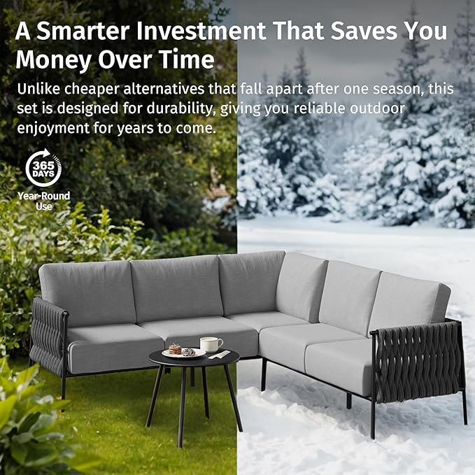 EAST OAK Corner Patio Furniture Set | Life Chatter 5-Seat Outdoor Furniture | Deep Seating Corner Sofa with Round Coffee Table | Extra-Thick & Washable Cushions | Misty Grey