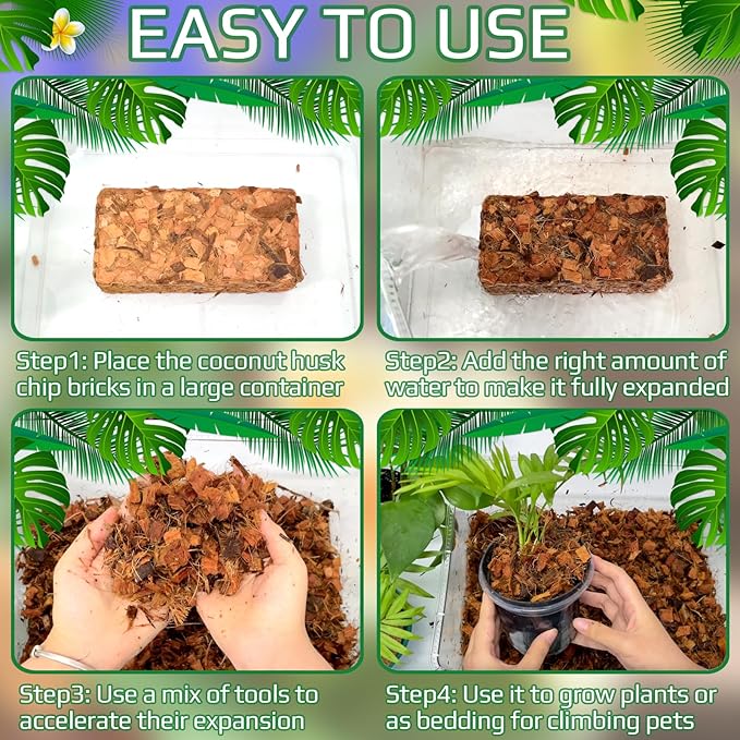 Halatool 4 Pcs Coco Husk Chips for Plants - 4.4 LB 100% Organic Coconut Coir Chips with Low EC and pH Balanced, Compressed Coco Substrate Growing Mulch Medium for Landscaping, Herbs, Plants, Flowers