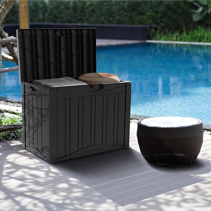 50GAL Black Deck Box with Unique Pattern and Lock Hole - Waterproof, Durable Resin Construction, SGS Sun Protection, Ideal for Storing Outdoor Furniture Covers, Effortless Assembly