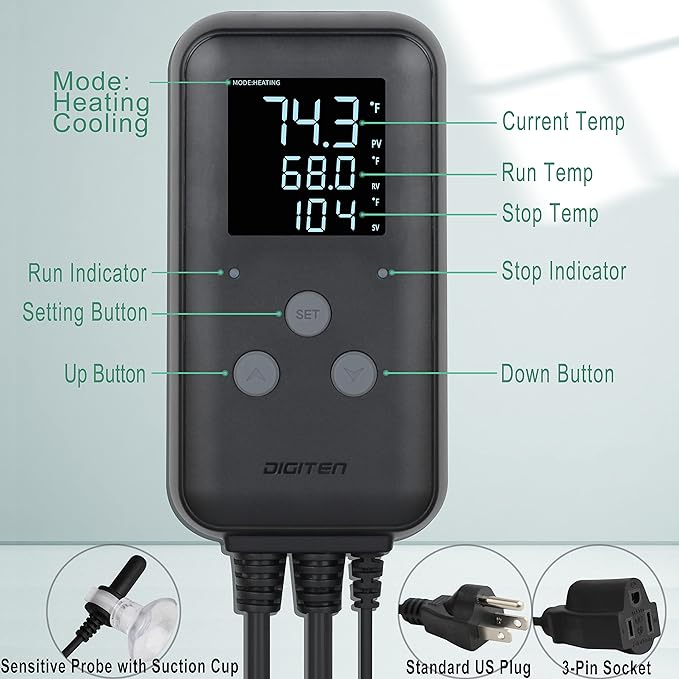 DIGITEN Waterproof Temperature Controller DTC310 Digital Temperature Controller Aquarium Temperature Controller Greenhouse Thermostat for Heater 10A Outdoor Heat Mat Thermostat Controller for Seedling