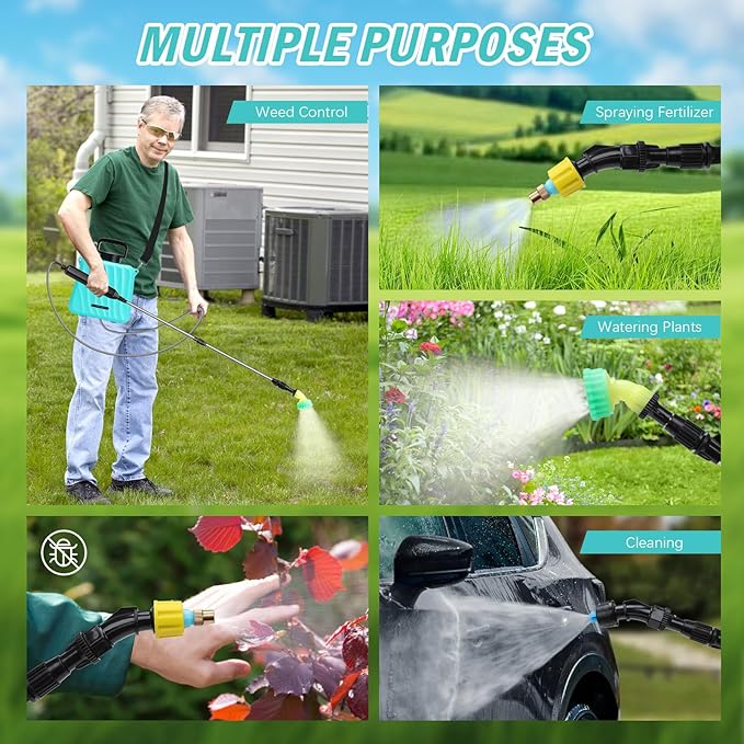 Battery Powered Sprayer, 1.35 Gallon Electric Cordless Garden Sprayer with USB Rechargeable Handle, 3 Adjustable Mist Nozzles, Telescopic Wand, Adjustable Shoulder Strap for Lawn, Garden, Cleaning