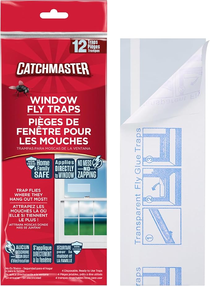 Catchmaster Window Fly Traps 12-Pack, Fruit Fly Traps for Indoors, Disposable Bulk Bug Catcher, Waterproof Insect Glue Trap, Adhesive Strips, Pet Safe Pest Control for Home, Kitchen, & Garage