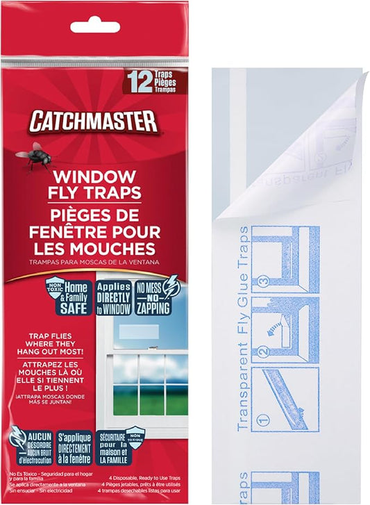 Catchmaster Window Fly Traps 12-Pack, Fruit Fly Traps for Indoors, Disposable Bulk Bug Catcher, Waterproof Insect Glue Trap, Adhesive Strips, Pet Safe Pest Control for Home, Kitchen, & Garage