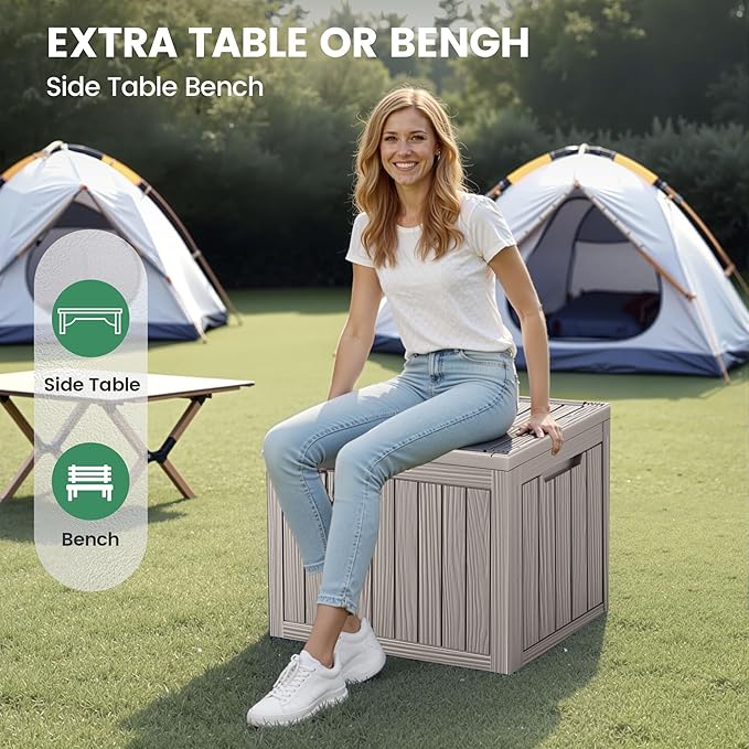 45 Outdoor Storage Box, Waterproof Resin Deck Box with Side Handles, Lockable Outdoor Bench for Indoor & Outdoor Use, Storage Bin for Patio Cushions, Garden Tools, Package Delivery, Grey